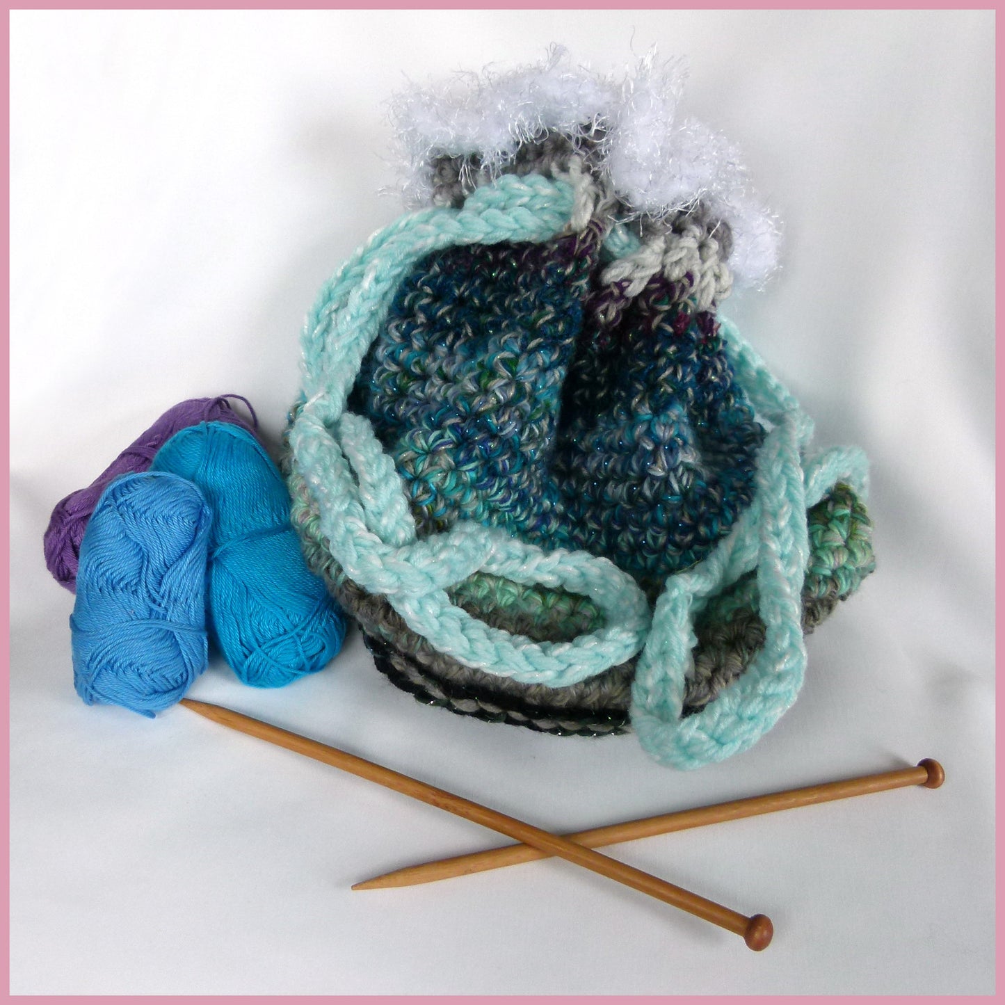 Knitting Bag - Blue with White Fluffy White Top and Turquoise Tie Cord