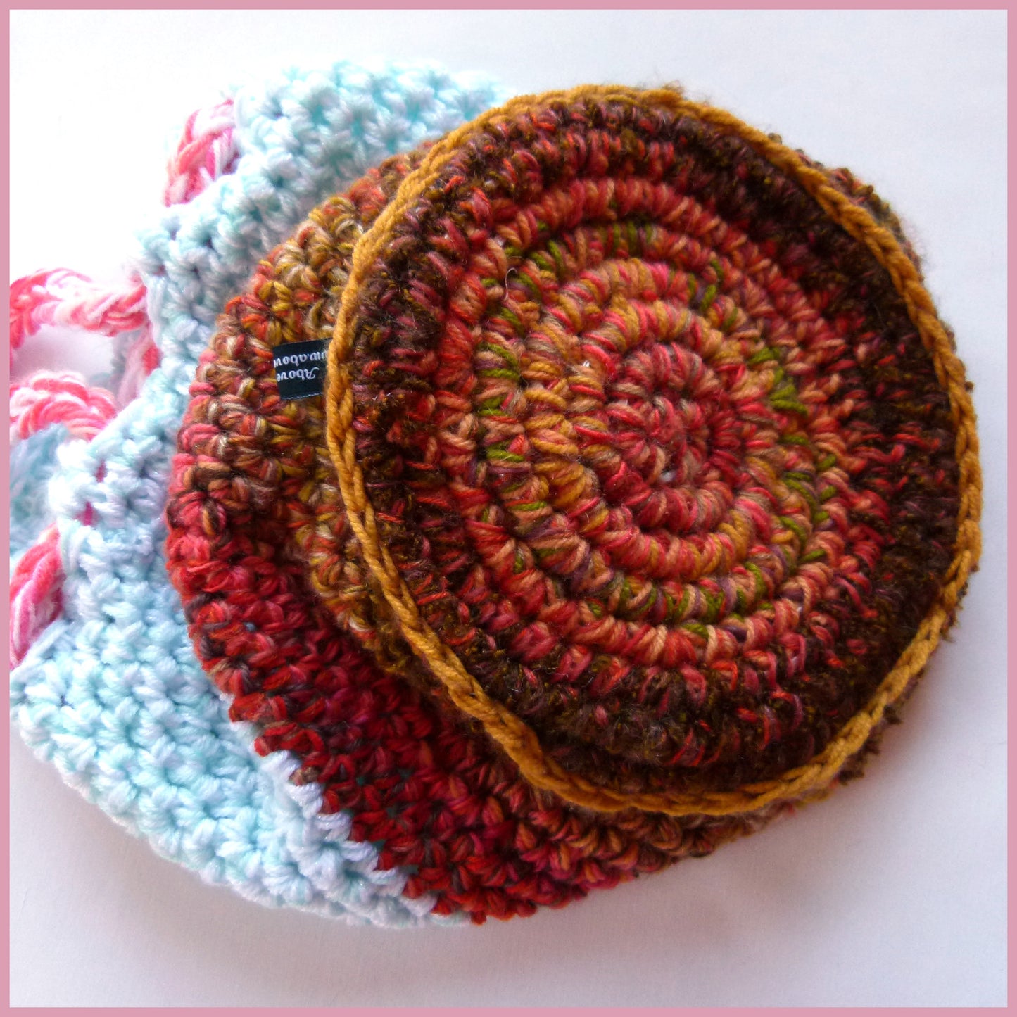 Knitting Bag - Blue and Orange with Scalloped Top and Orange Tie Cord