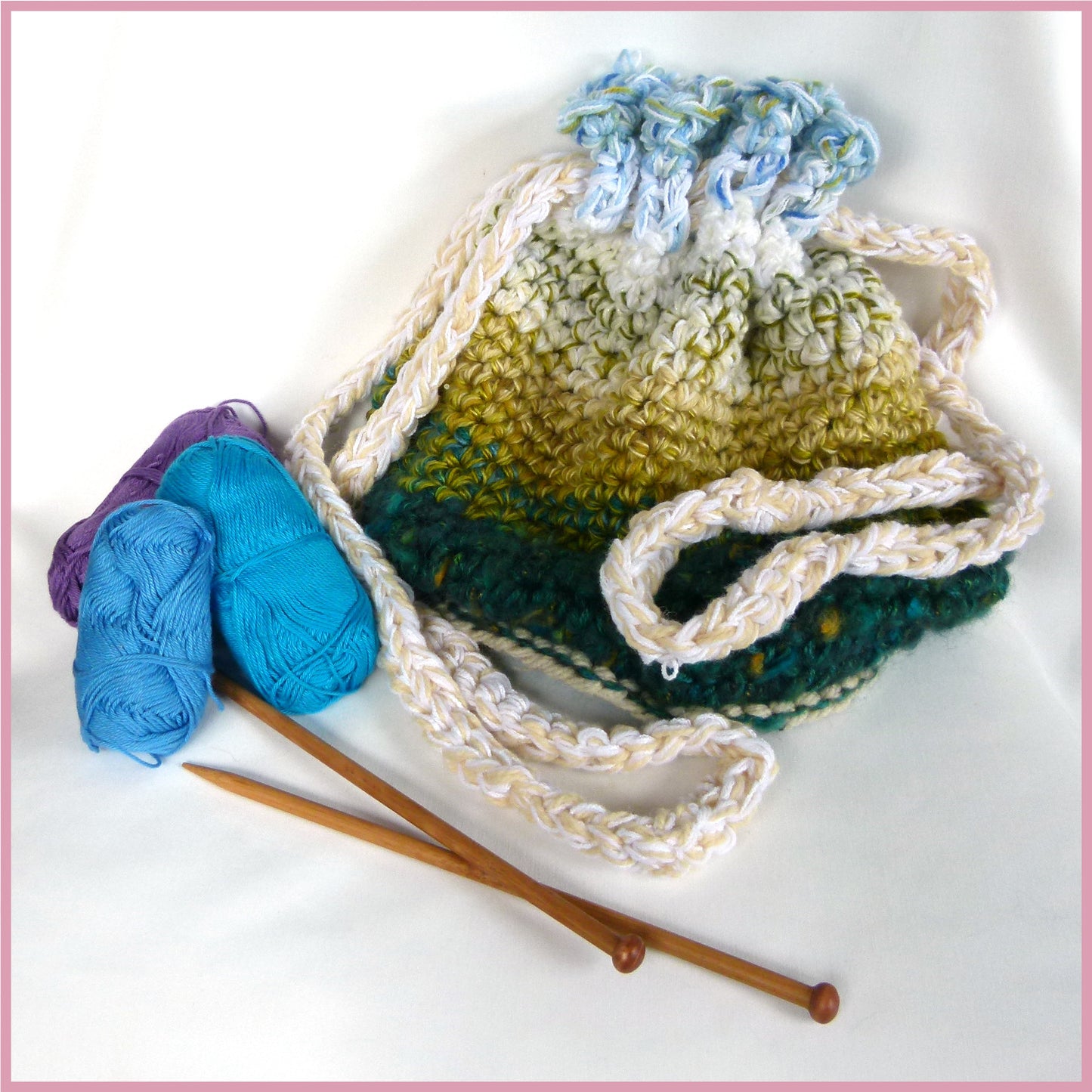 Knitting Bag - Green, Beige and Blue with White Tie Cord