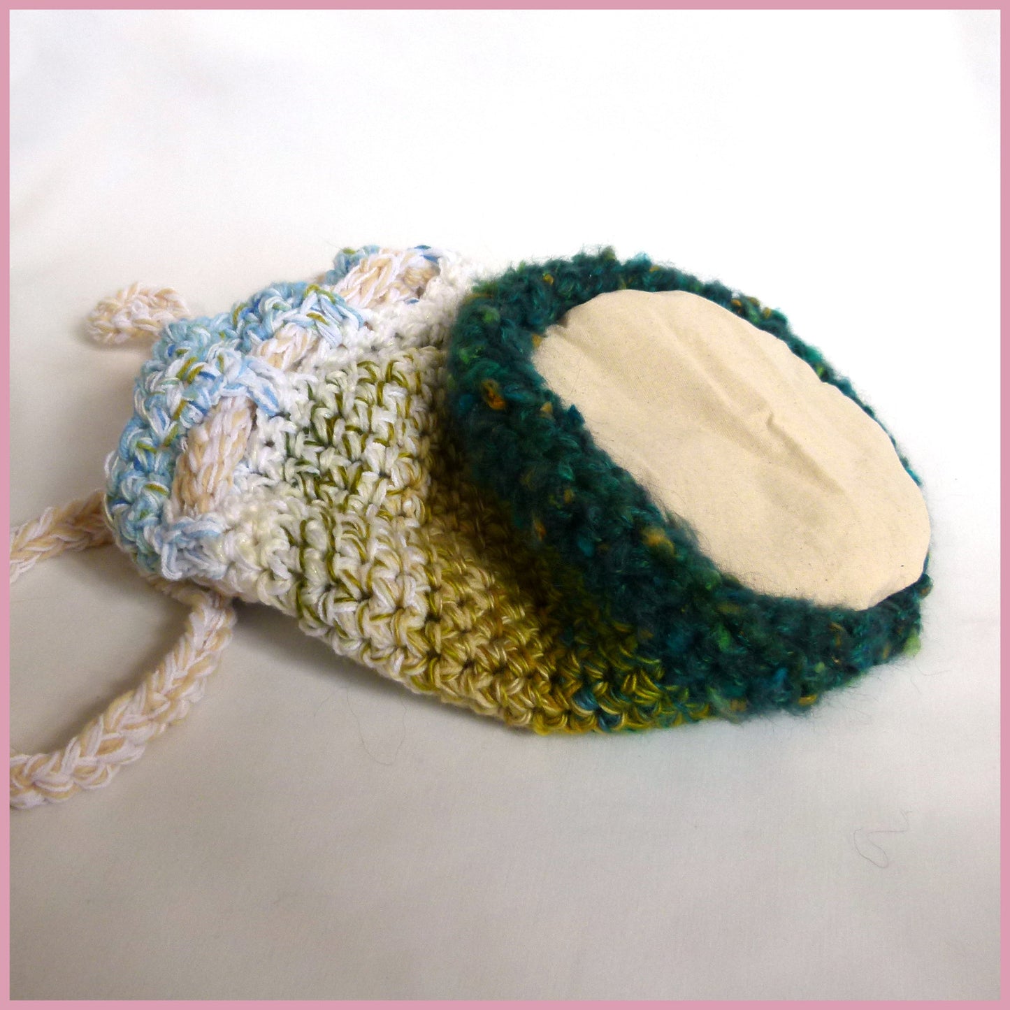 Knitting Bag - Green, Beige and Blue with White Tie Cord