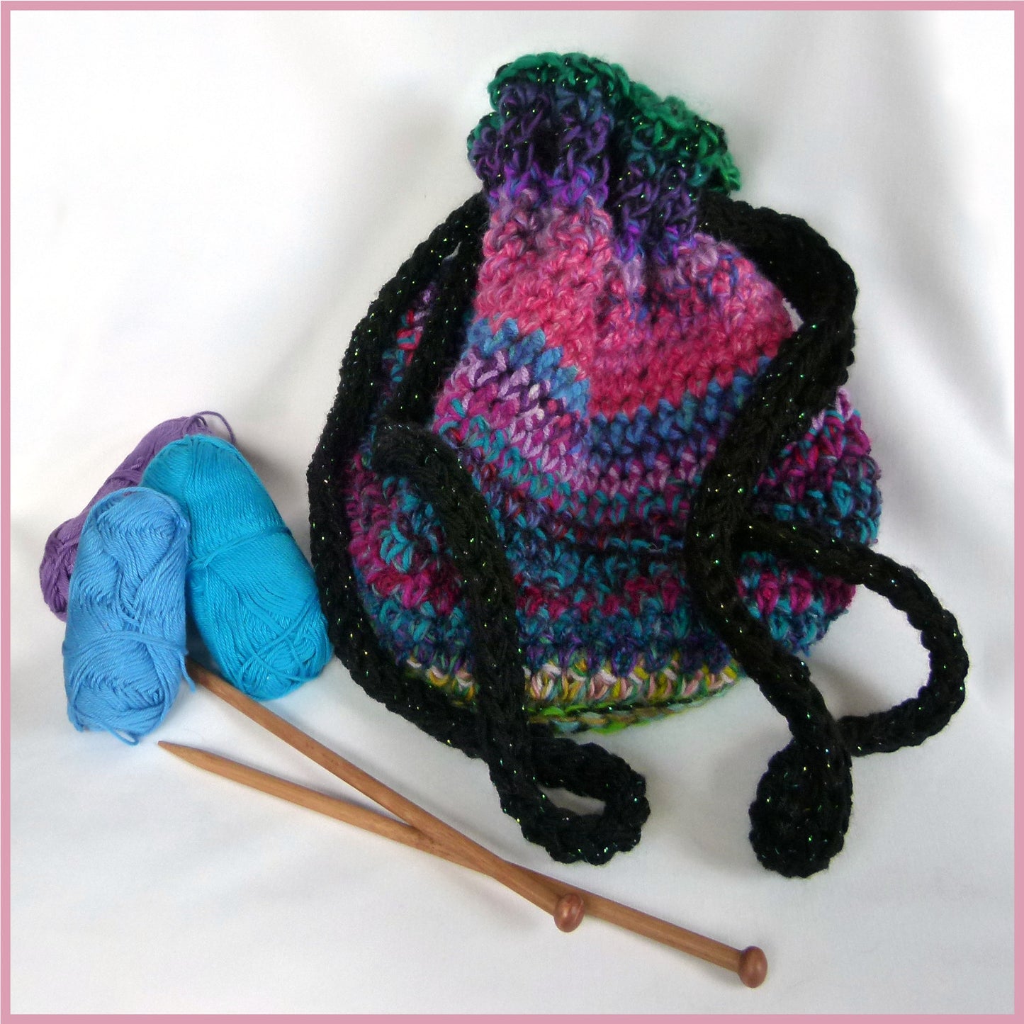 Knitting Bag - Purple, Pink and Blue with Black Tie Cord