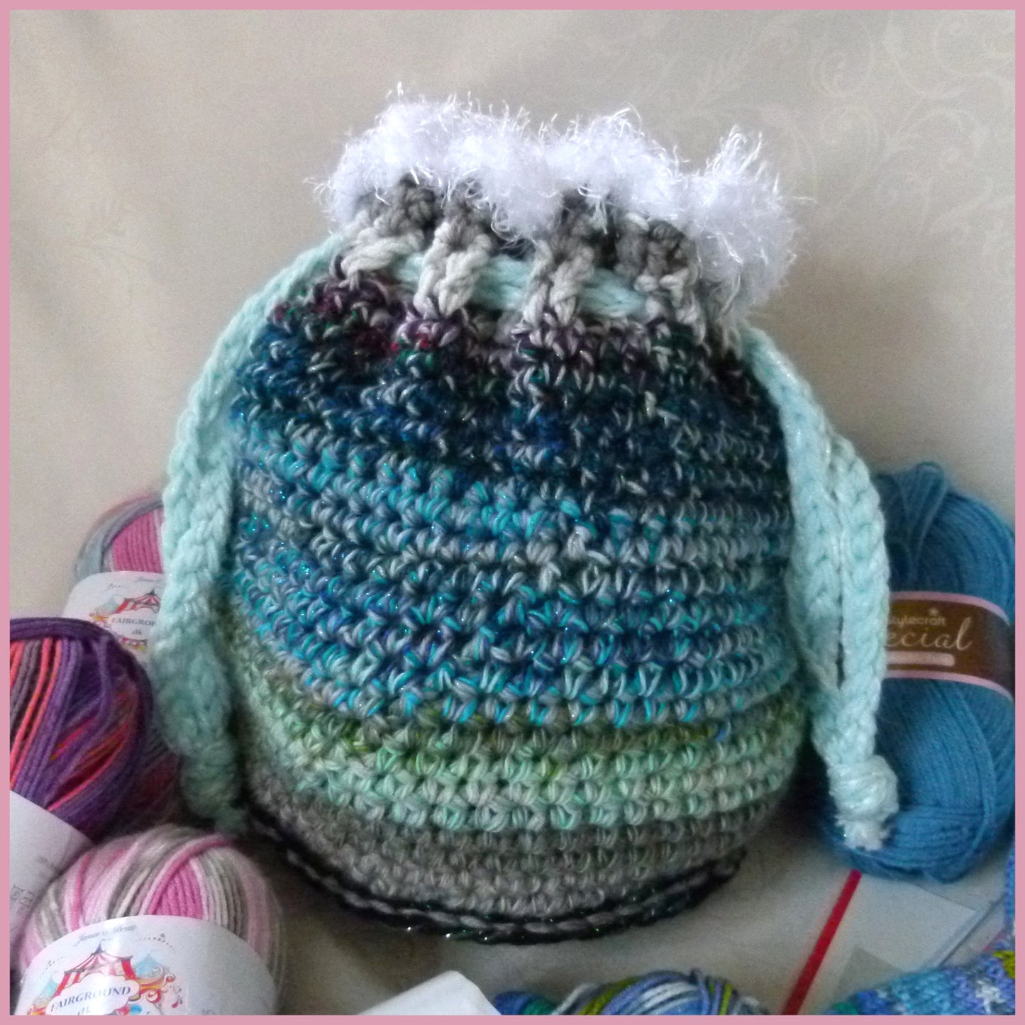 Knitting Bag - Blue with White Fluffy White Top and Turquoise Tie Cord