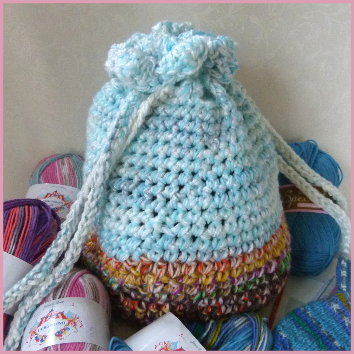 Knitting Bag - Blue and Orange with Scalloped Top and White Tie Cord