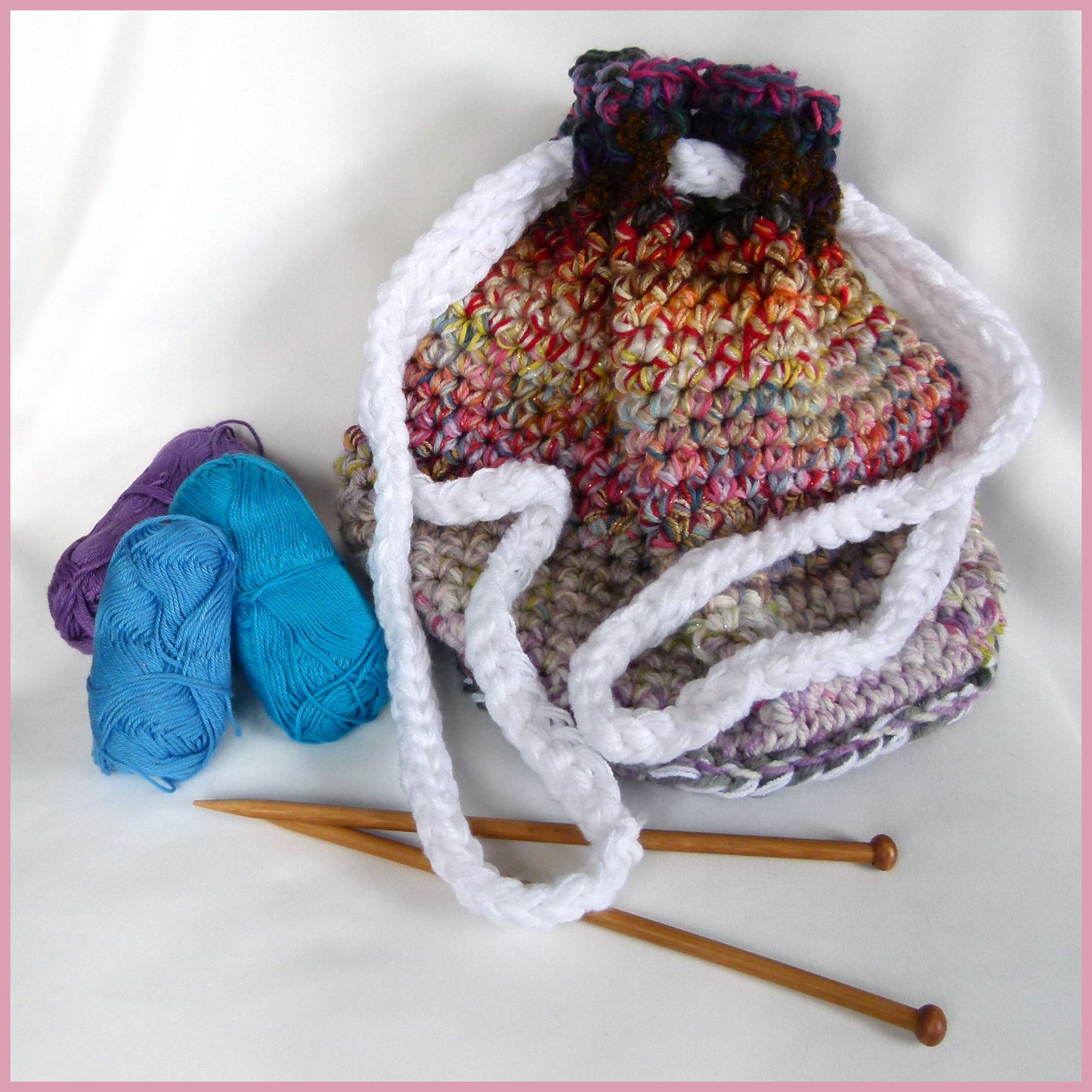 Knitting Bag - Rainbow Colours with White Tie Cord