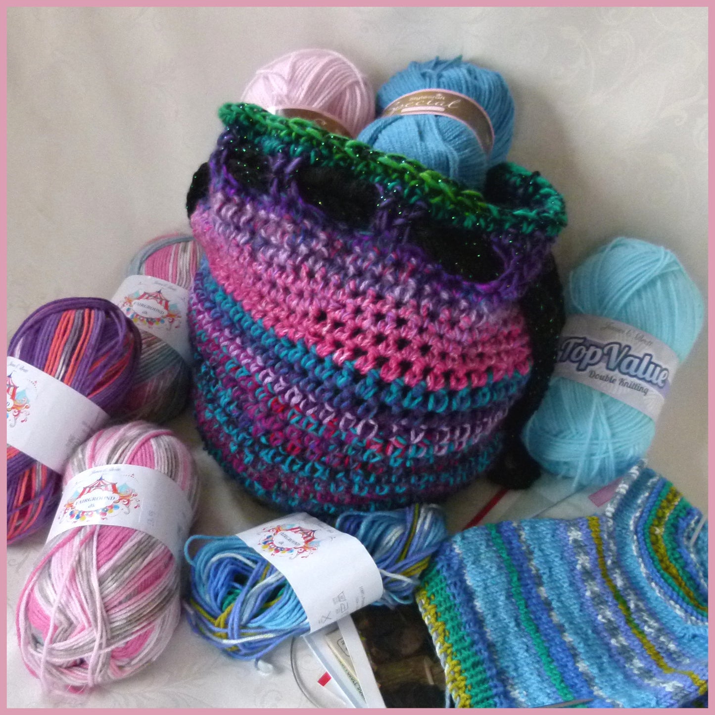 Knitting Bag - Purple, Pink and Blue with Black Tie Cord