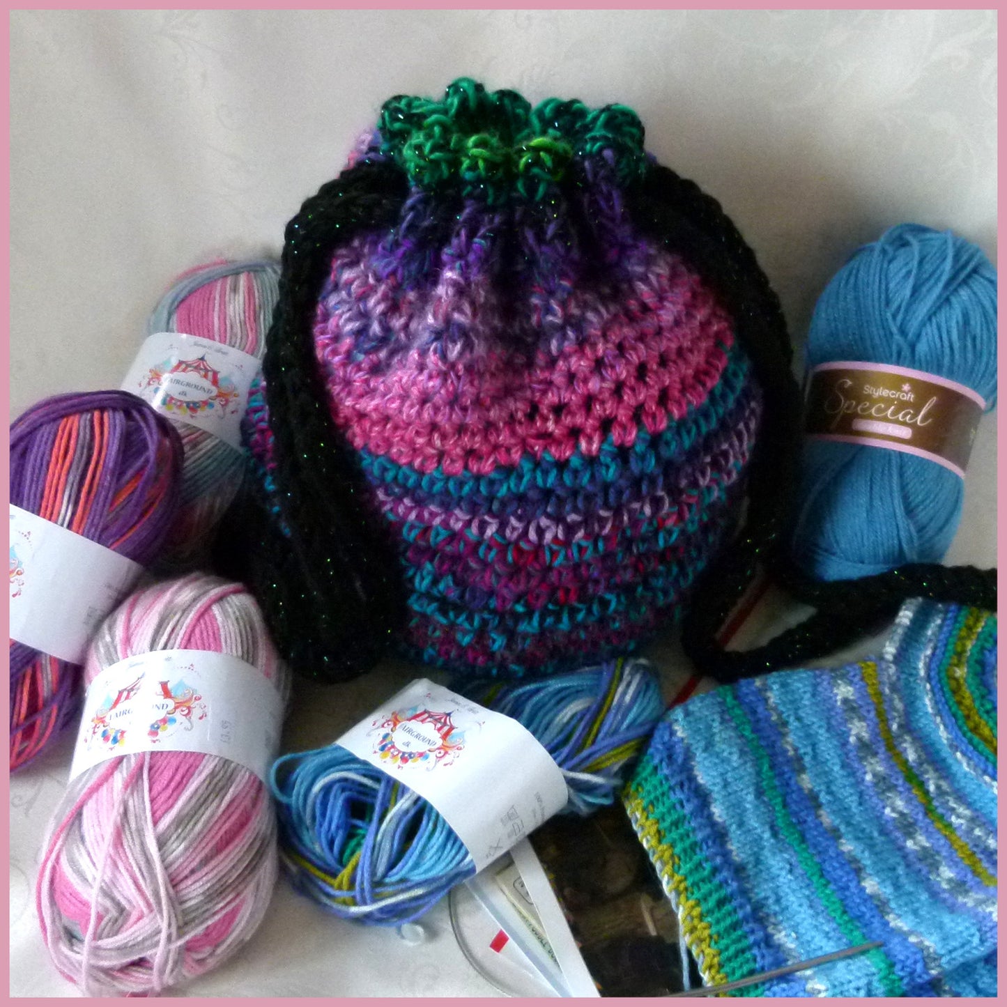 Knitting Bag - Purple, Pink and Blue with Black Tie Cord