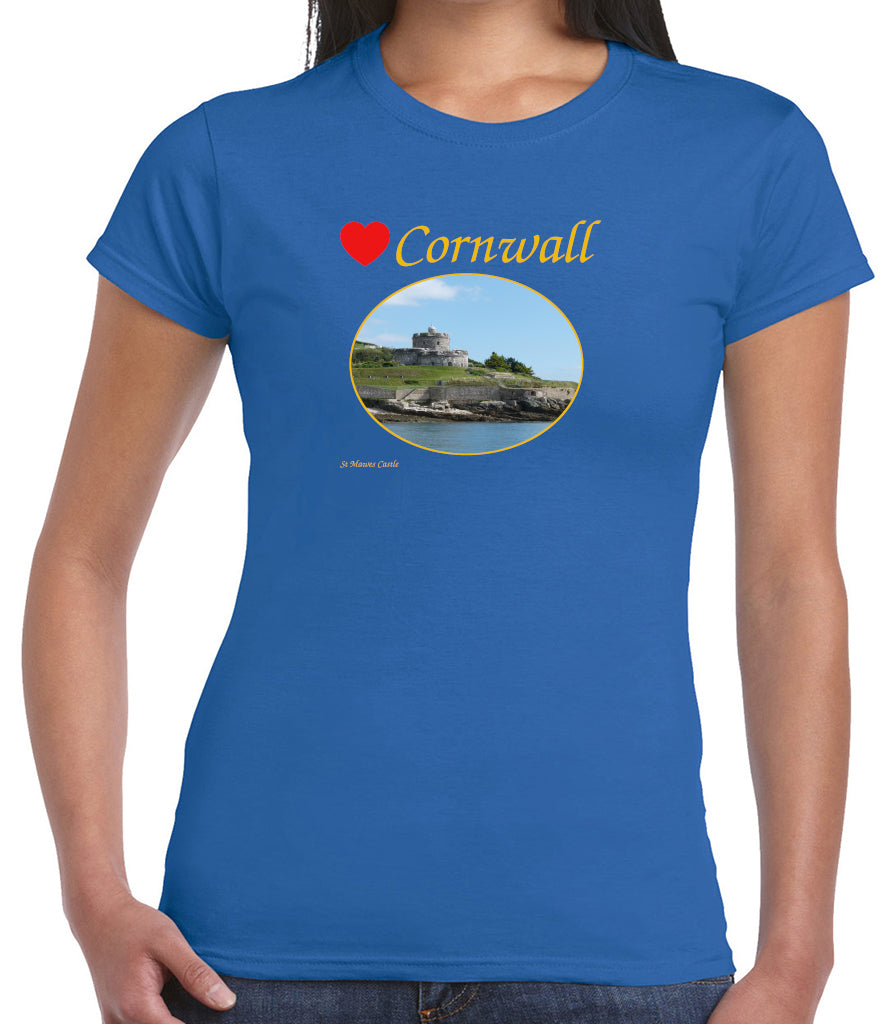 Love Cornwall (Royal Blue ladies fit] T-Shirt printed with images of Cornish seascapes, landscapes, historic sites, natural features