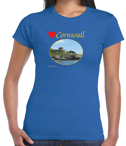 Love Cornwall (Royal Blue ladies fit] T-Shirt printed with images of Cornish seascapes, landscapes, historic sites, natural features