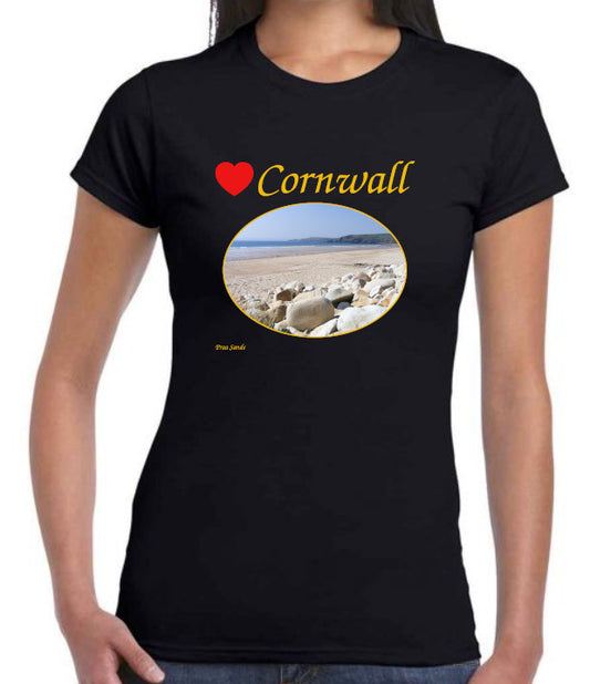 Love Cornwall (Black ladies fit] T-Shirt printed with images of Cornish seascapes, landscapes, historic sites, natural features