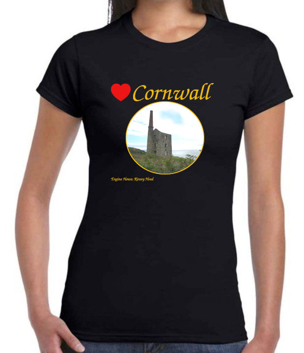 Love Cornwall (Black ladies fit] T-Shirt printed with images of Cornish seascapes, landscapes, historic sites, natural features