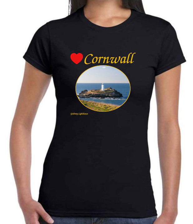 Love Cornwall (Black ladies fit] T-Shirt printed with images of Cornish seascapes, landscapes, historic sites, natural features