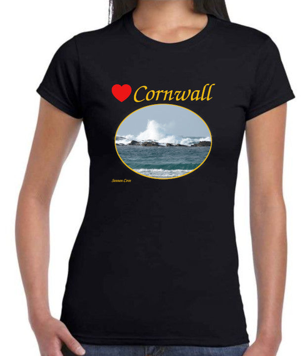 Love Cornwall (Black ladies fit] T-Shirt printed with images of Cornish seascapes, landscapes, historic sites, natural features