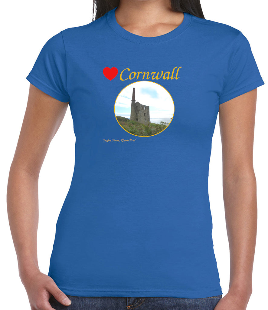 Love Cornwall (Royal Blue ladies fit] T-Shirt printed with images of Cornish seascapes, landscapes, historic sites, natural features