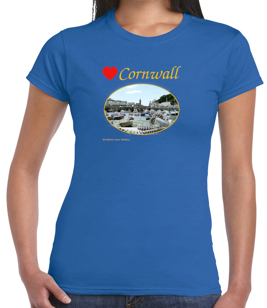 Love Cornwall (Royal Blue ladies fit] T-Shirt printed with images of Cornish seascapes, landscapes, historic sites, natural features