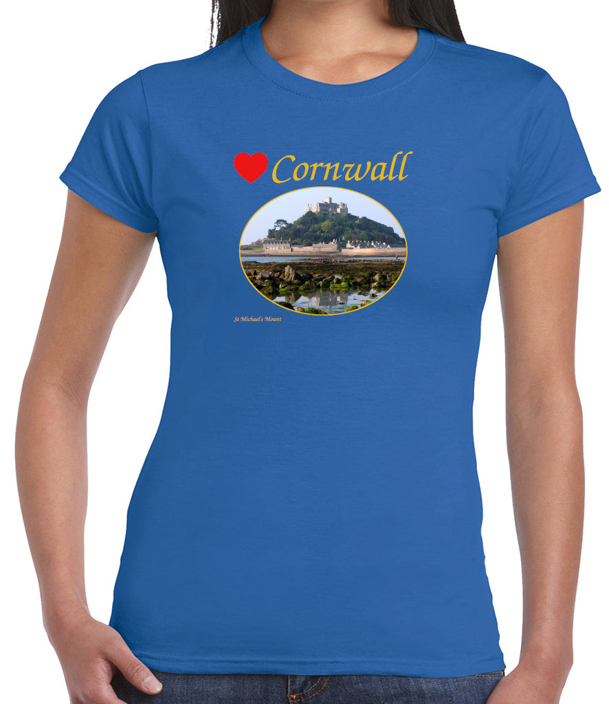 Love Cornwall (Royal Blue ladies fit] T-Shirt printed with images of Cornish seascapes, landscapes, historic sites, natural features