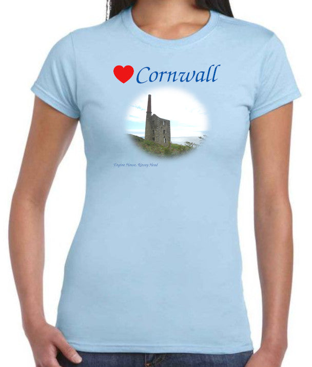 Love Cornwall [Light Blue Ladies fit] T-Shirt printed with images of Cornish seascapes, landscapes, historic sites, natural features