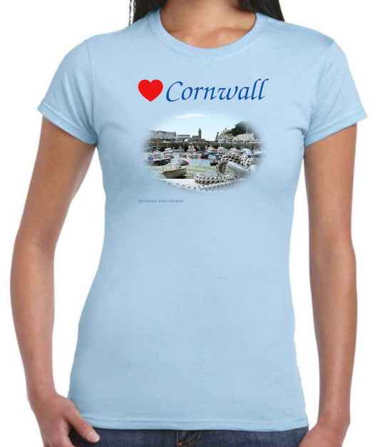 Love Cornwall [Light Blue Ladies fit] T-Shirt printed with images of Cornish seascapes, landscapes, historic sites, natural features