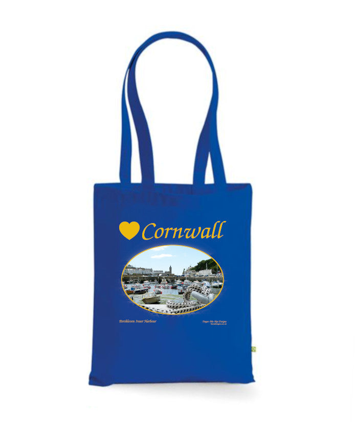 Love Cornwall Tote Bag, Long Handled Shopper, printed with images of Cornish seascapes, landscapes, historic sites, natural features