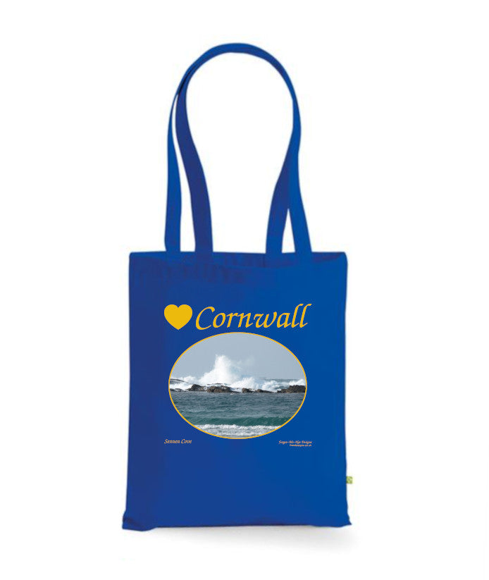 Love Cornwall Tote Bag, Long Handled Shopper, printed with images of Cornish seascapes, landscapes, historic sites, natural features