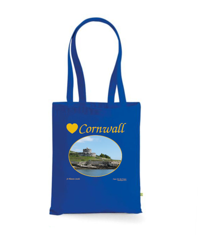 Love Cornwall Tote Bag, Long Handled Shopper, printed with images of Cornish seascapes, landscapes, historic sites, natural features