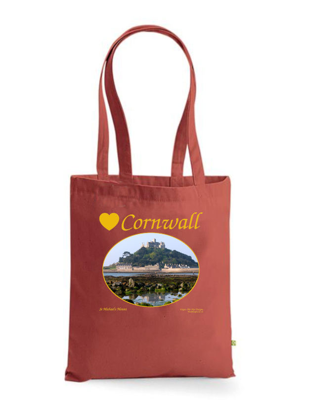 Love Cornwall Tote Bag, Long Handled Shopper, printed with images of Cornish seascapes, landscapes, historic sites, natural features