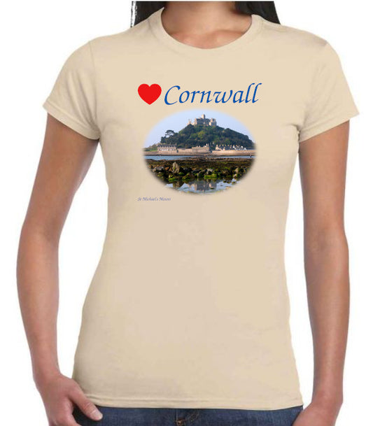 Love Cornwall (Sand ladies fit] T-Shirt printed with images of Cornish seascapes, landscapes, historic sites, natural features