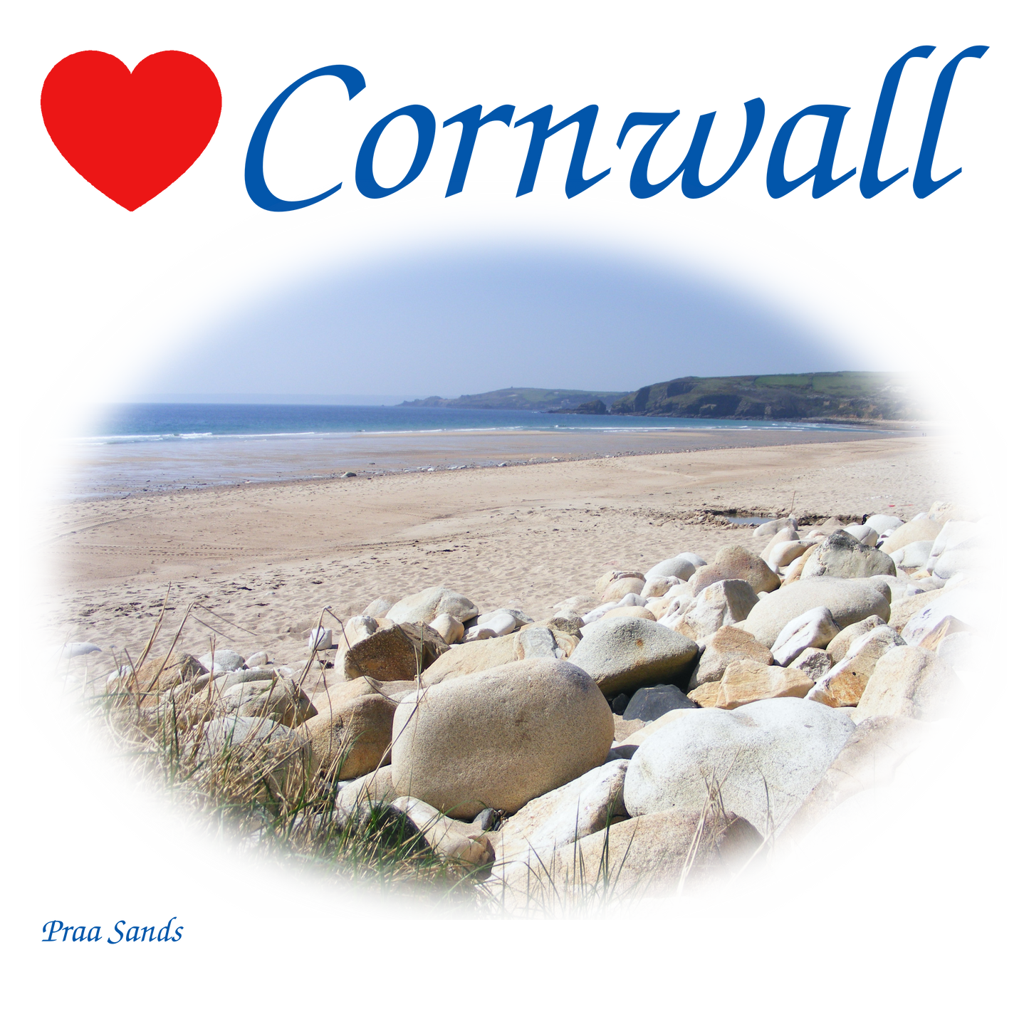 Love Cornwall (White ladies fit] T-Shirt printed with images of Cornish seascapes, landscapes, historic sites, natural features