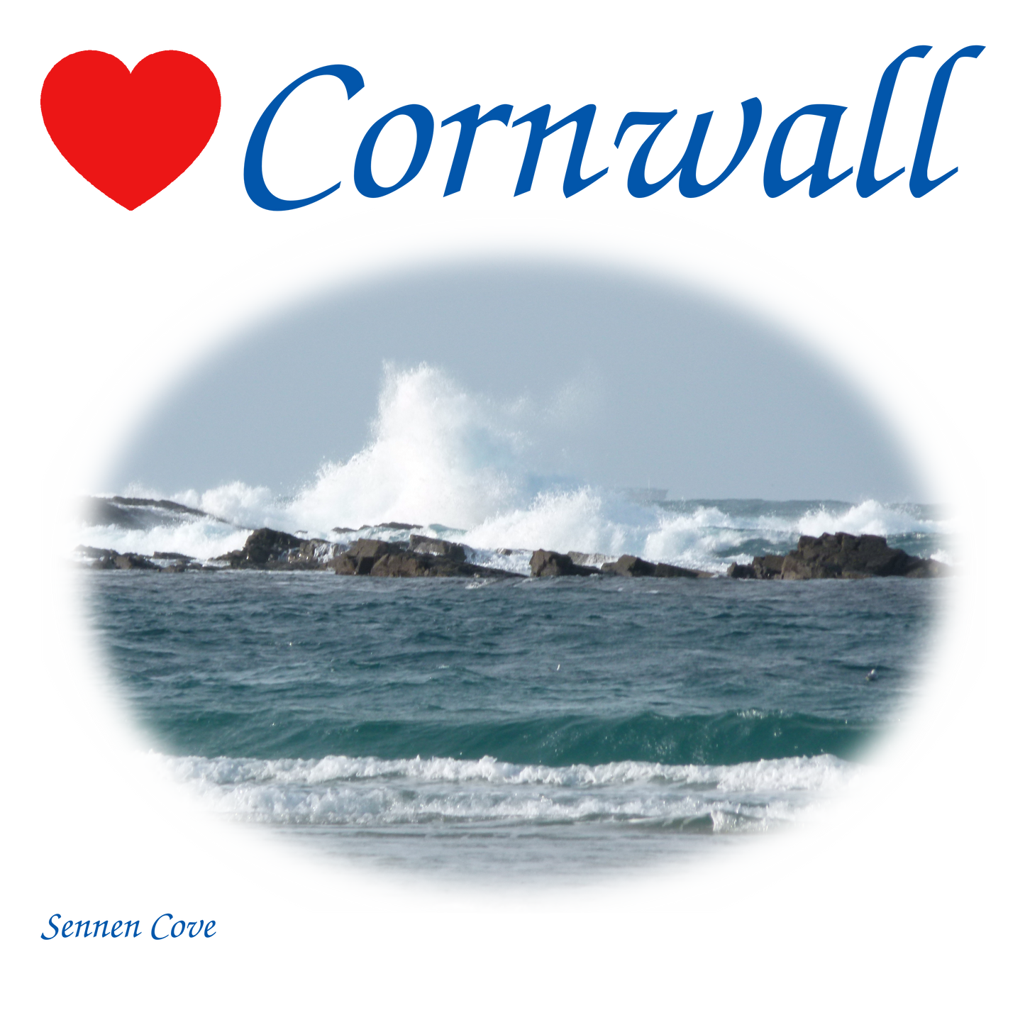 Love Cornwall [White] T-Shirt printed with images of Cornish seascapes, landscapes, historic sites, natural features