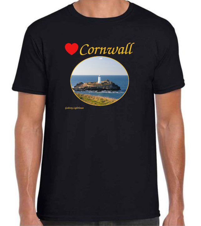 Love Cornwall [Black] T-Shirt printed with images of Cornish seascapes, landscapes, historic sites, natural features