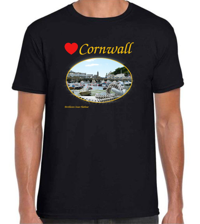 Love Cornwall [Black] T-Shirt printed with images of Cornish seascapes, landscapes, historic sites, natural features