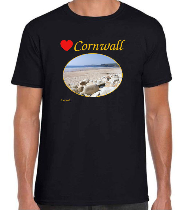 Love Cornwall [Black] T-Shirt printed with images of Cornish seascapes, landscapes, historic sites, natural features