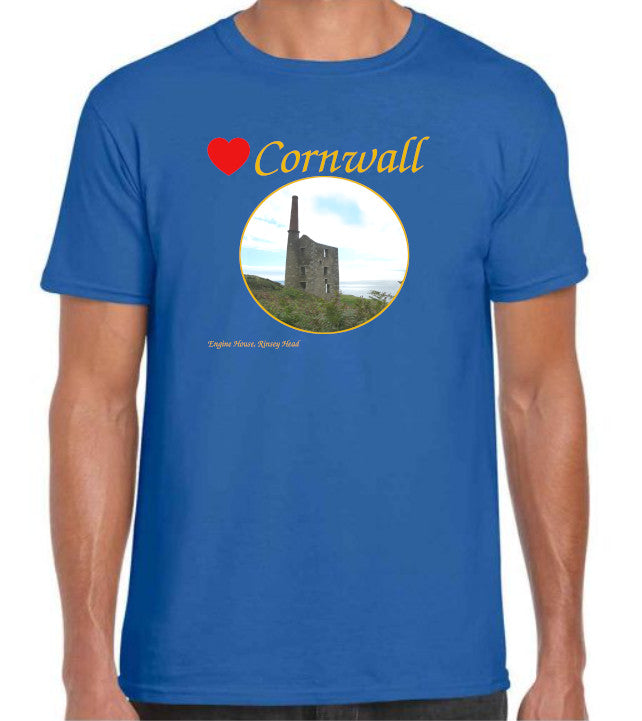 Love Cornwall [Royal Blue] T-Shirt printed with images of Cornish seascapes, landscapes, historic sites, natural features