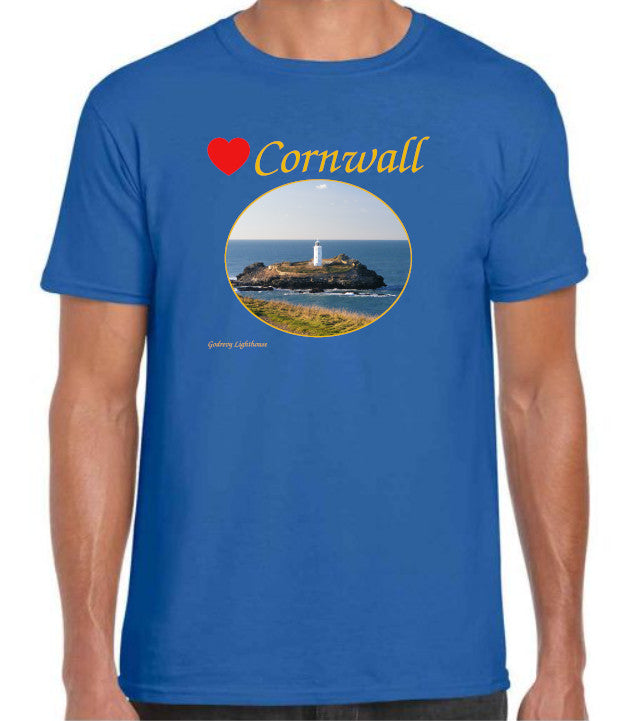 Love Cornwall [Royal Blue] T-Shirt printed with images of Cornish seascapes, landscapes, historic sites, natural features