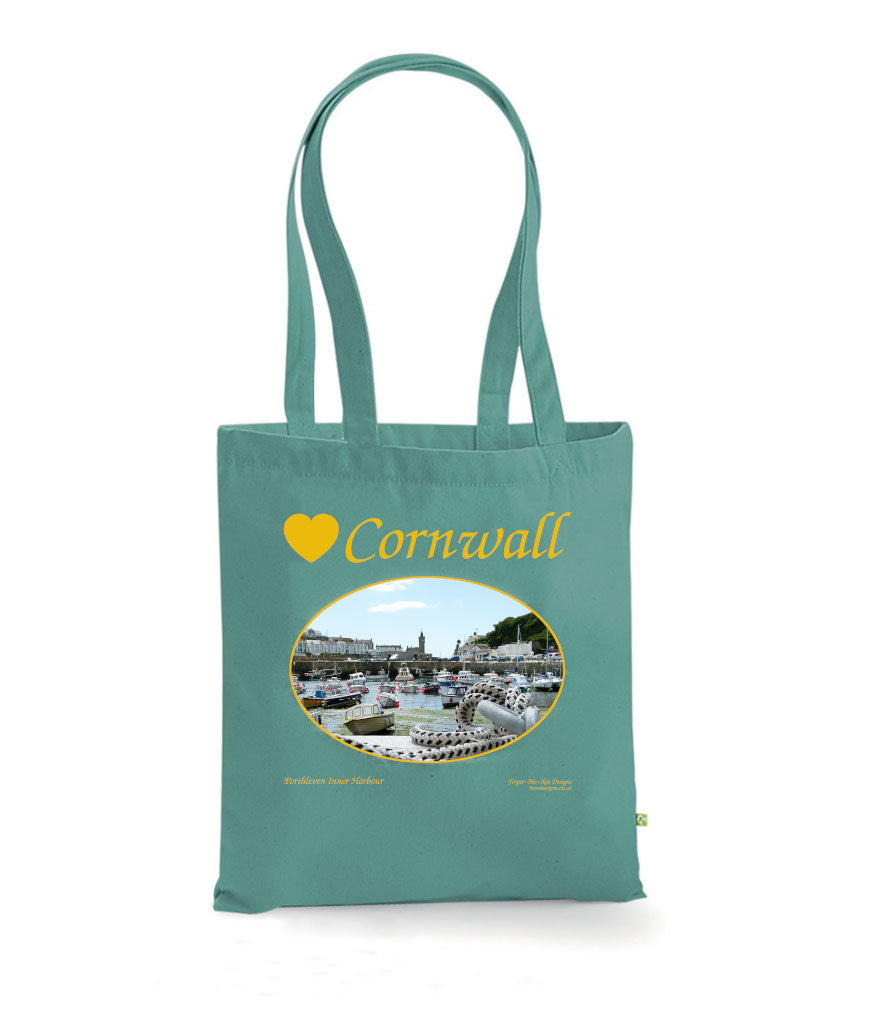 Love Cornwall Tote Bag, Long Handled Shopper, printed with images of Cornish seascapes, landscapes, historic sites, natural features