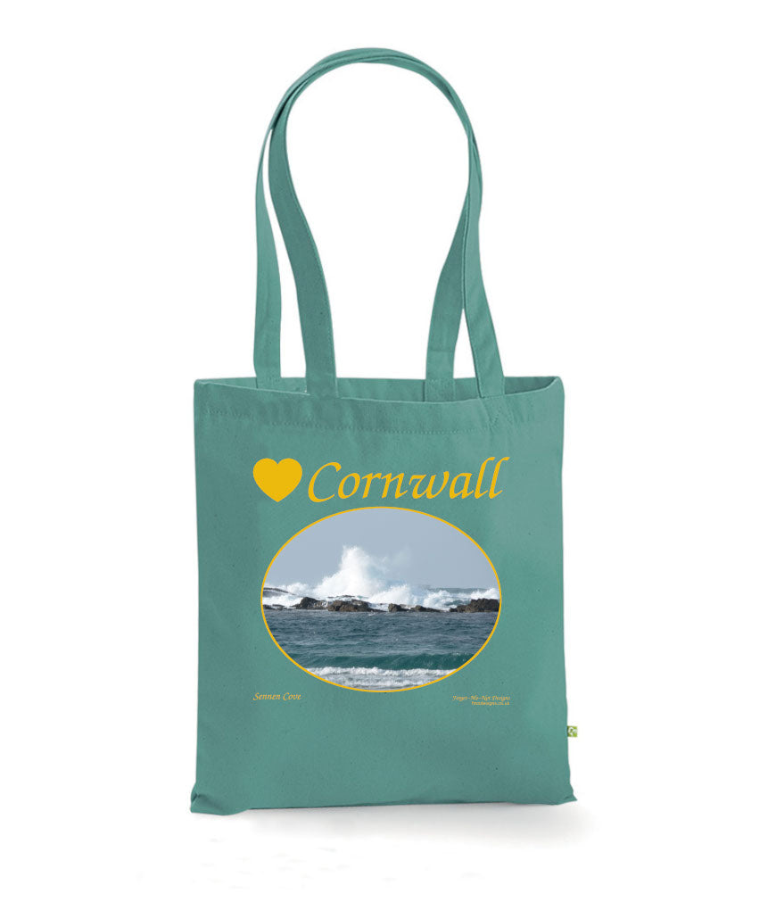 Love Cornwall Tote Bag, Long Handled Shopper, printed with images of Cornish seascapes, landscapes, historic sites, natural features