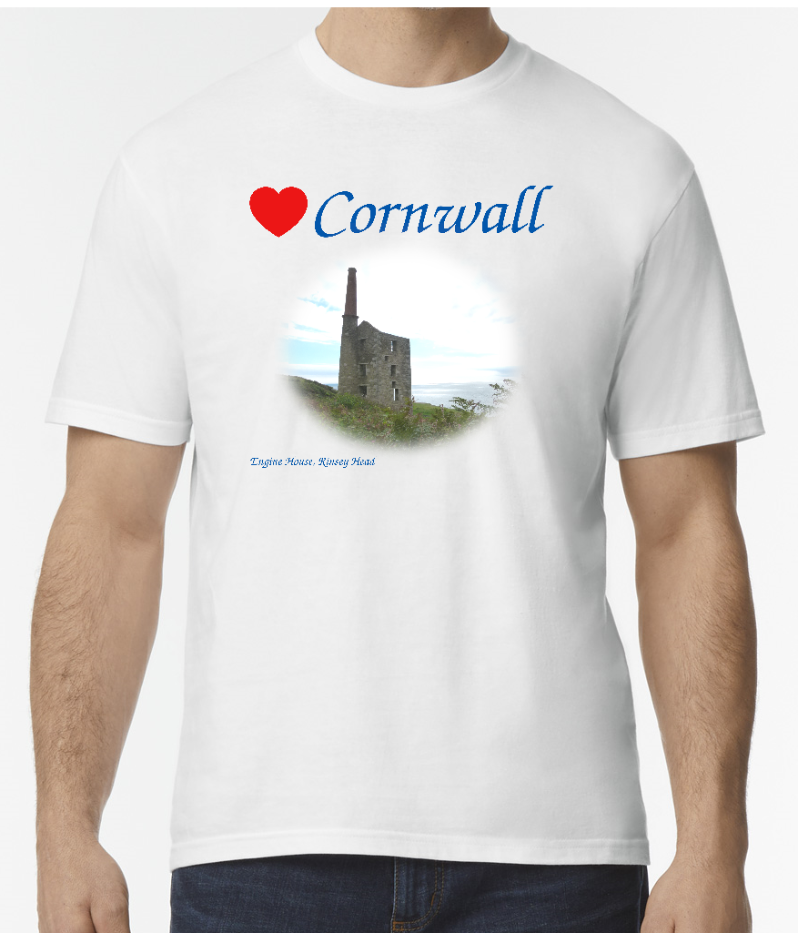 Love Cornwall [White] T-Shirt printed with images of Cornish seascapes, landscapes, historic sites, natural features