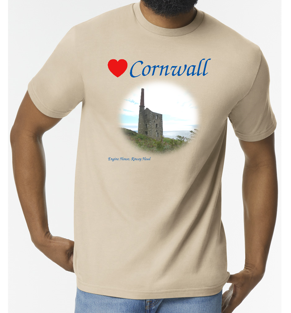 Love Cornwall [Sand] T-Shirt printed with images of Cornish seascapes, landscapes, historic sites, natural features