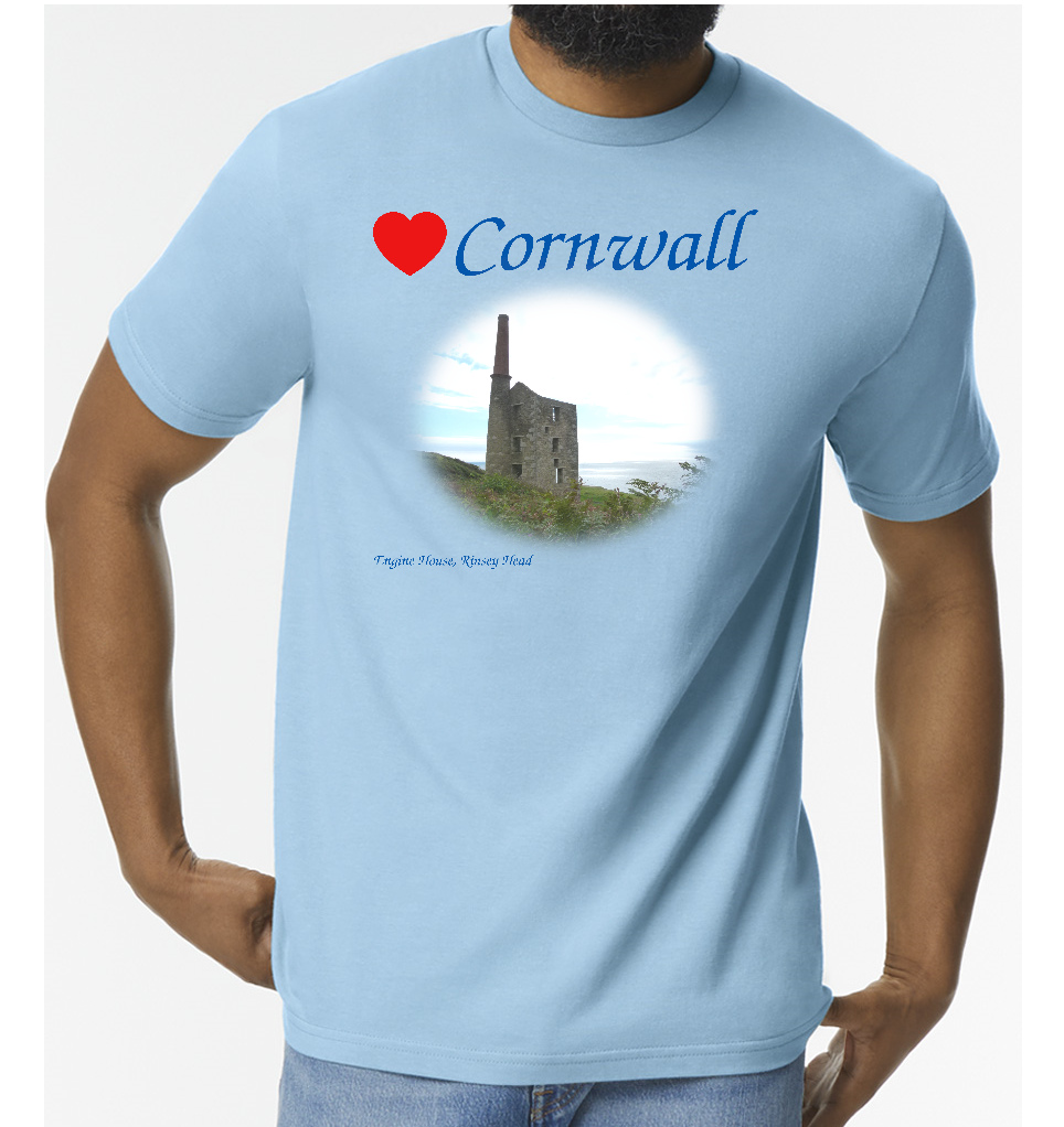 Love Cornwall [Light Blue] T-Shirt printed with images of Cornish seascapes, landscapes, historic sites, natural features