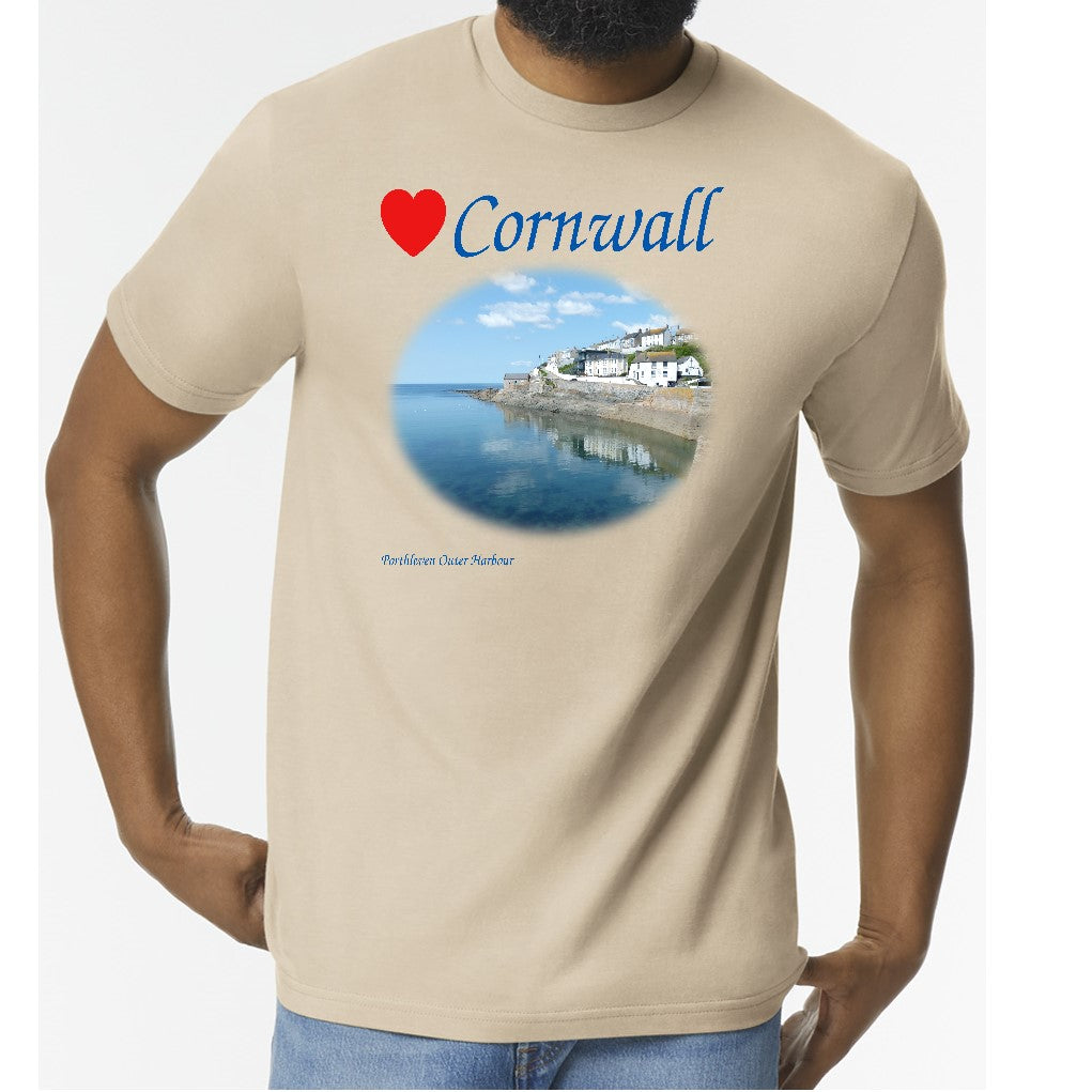 Love Cornwall [Sand] T-Shirt printed with images of Cornish seascapes, landscapes, historic sites, natural features