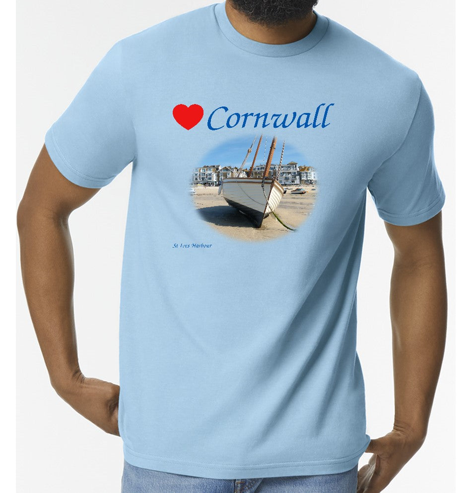 Love Cornwall [Light Blue] T-Shirt printed with images of Cornish seascapes, landscapes, historic sites, natural features