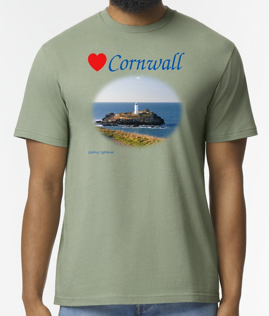 Love Cornwall [Sage] T-Shirt printed with images of Cornish seascapes, landscapes, historic sites, natural features