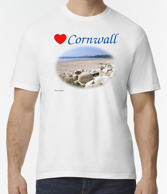 Love Cornwall [White] T-Shirt printed with images of Cornish seascapes, landscapes, historic sites, natural features